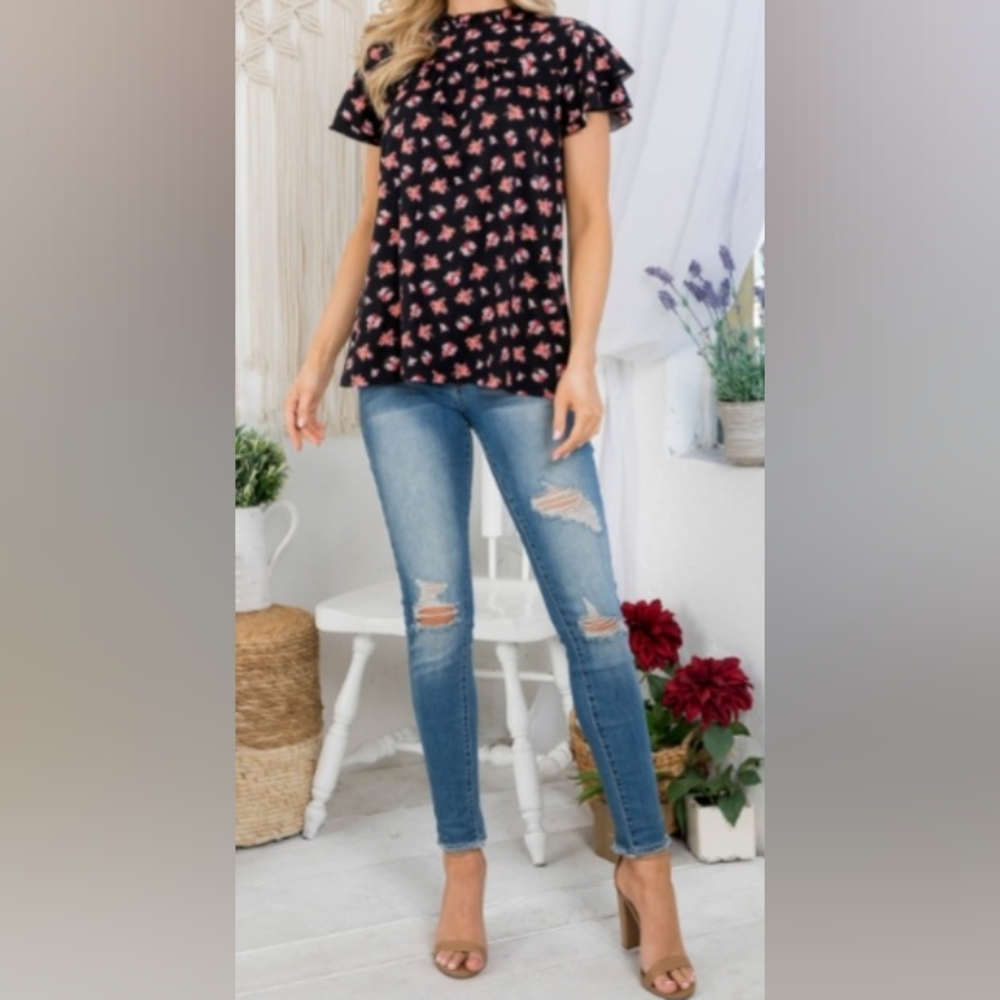 NWT Floral Neckline Keyhole Back Women Blouse